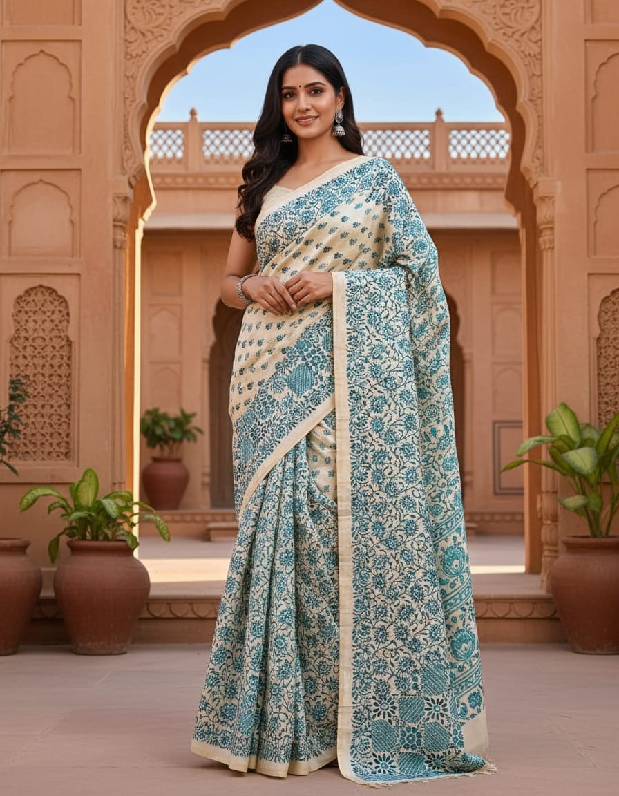 Hand Stitched Kadhwa Kantha Saree - Tiffary Blue