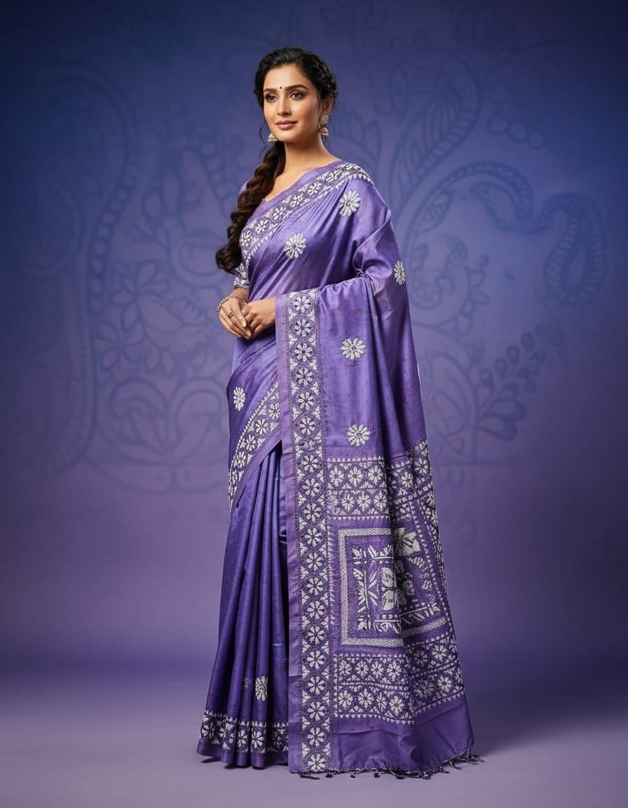 Bangalore Silk Kantha Saree - Lavender