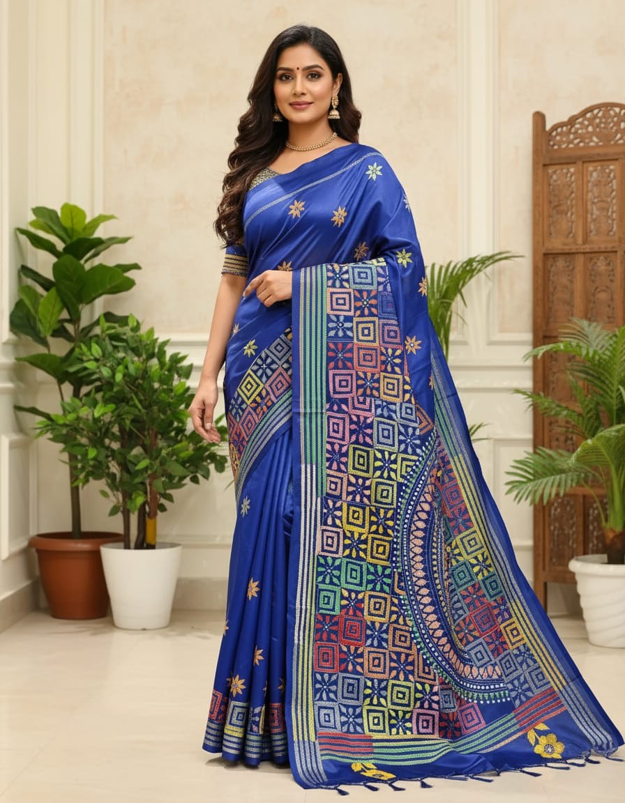 Royal Blue Glow Bangalore Silk Kantha Saree