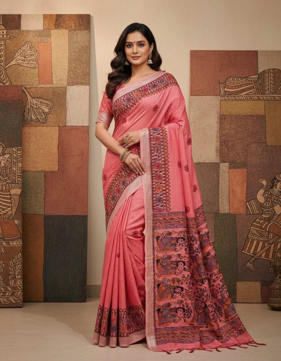 'Nritya Mithila' Pink Hand painted Madhubani Blend Saree