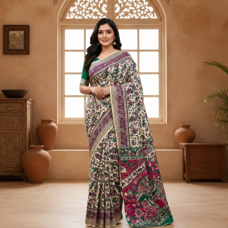 'Gramleela' White base with colorful motifs Nellore Silk Kalamkari Saree