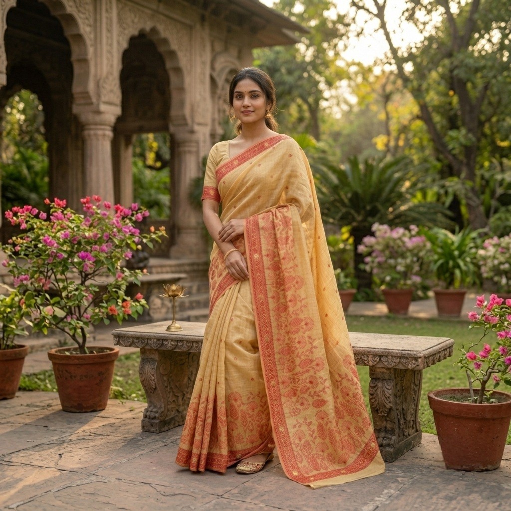 Floral Art Muga Jamdani Saree -Golden Yellow