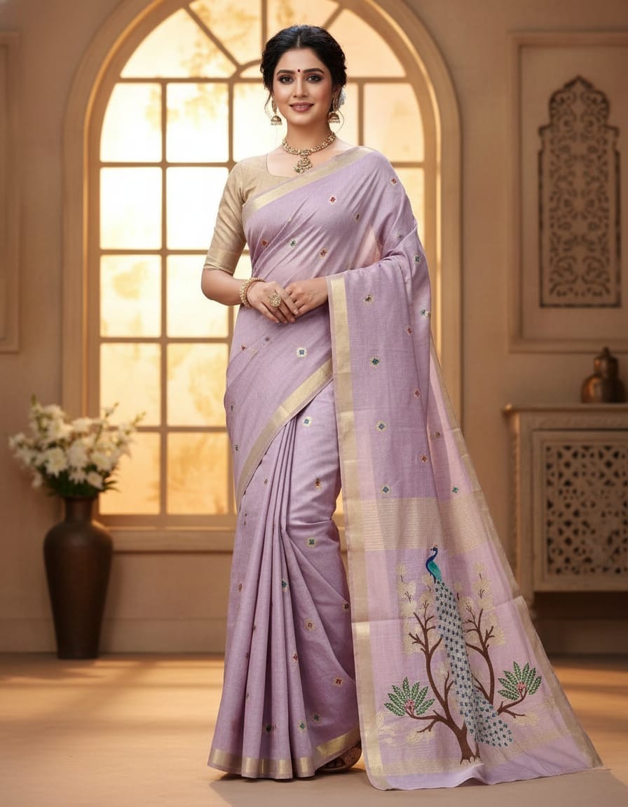 Peacock Muga Jamdani Saree – Lavender, Yellow