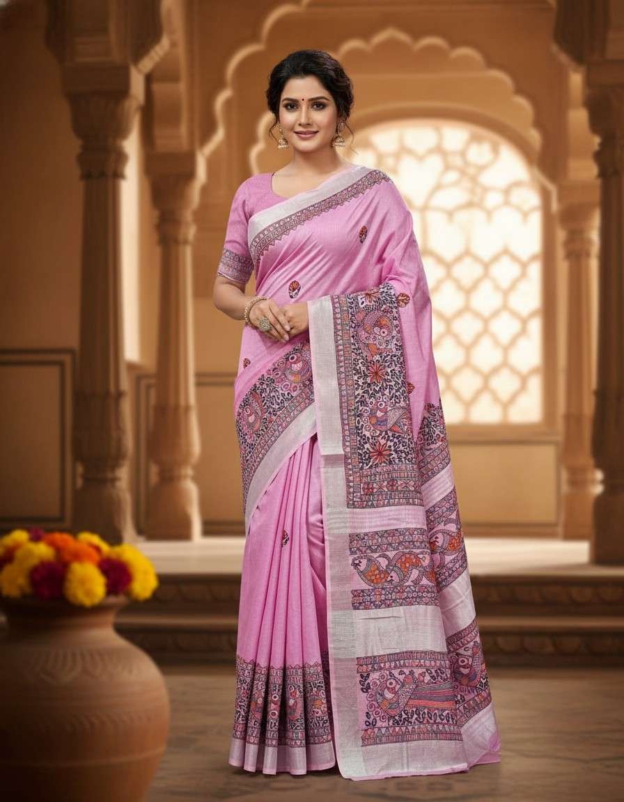 'Gulabi Mayuri' Hand painted Madhubani Blend Saree