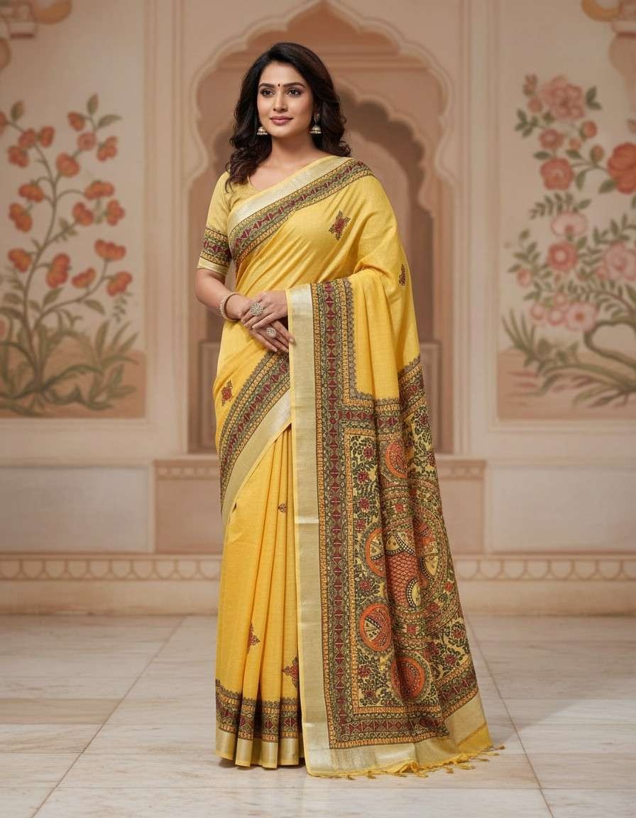 'Swarna Matsya' Hand painted Madhubani Blend Saree