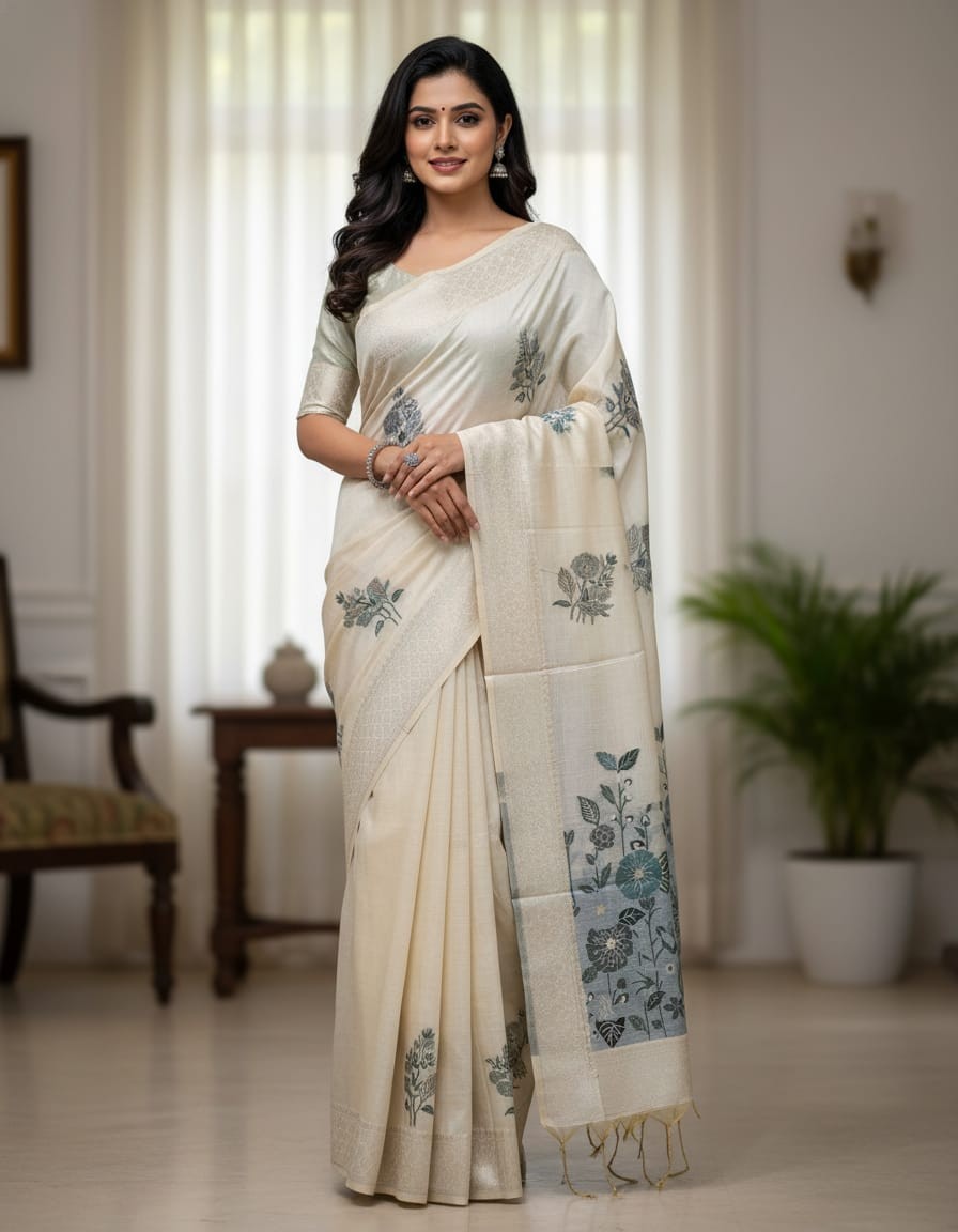 Off white hue with Grey Floral art Muga Jamdani saree