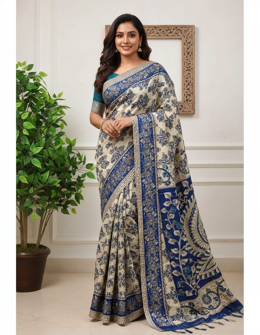 'Parnika' Off White base with Indigo-Blue Floral motifs cotton Kalamkari Saree