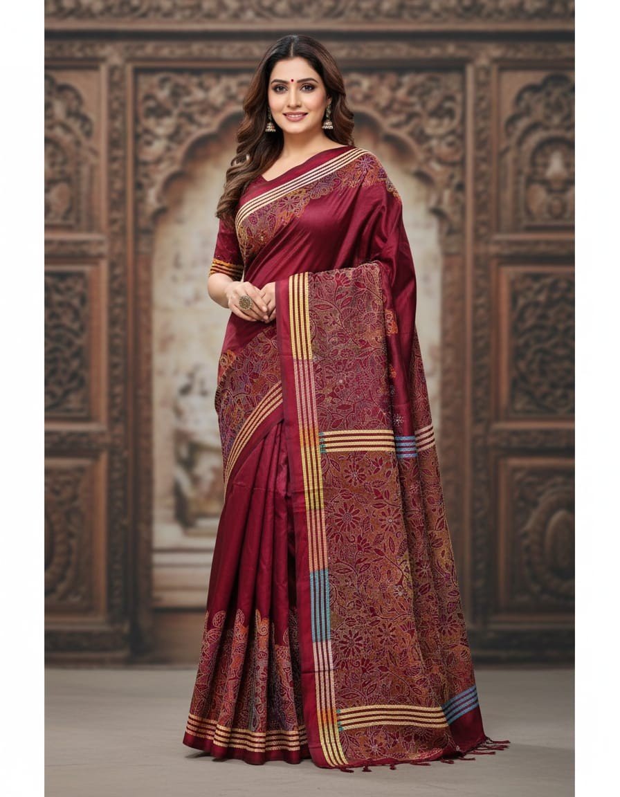 Bangalore Pure Silk Reverse Kantha Saree - Brown