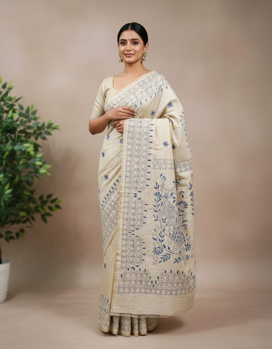 Hand Stitched Fragmented Kadhwa Kantha Saree- Blue Peacock