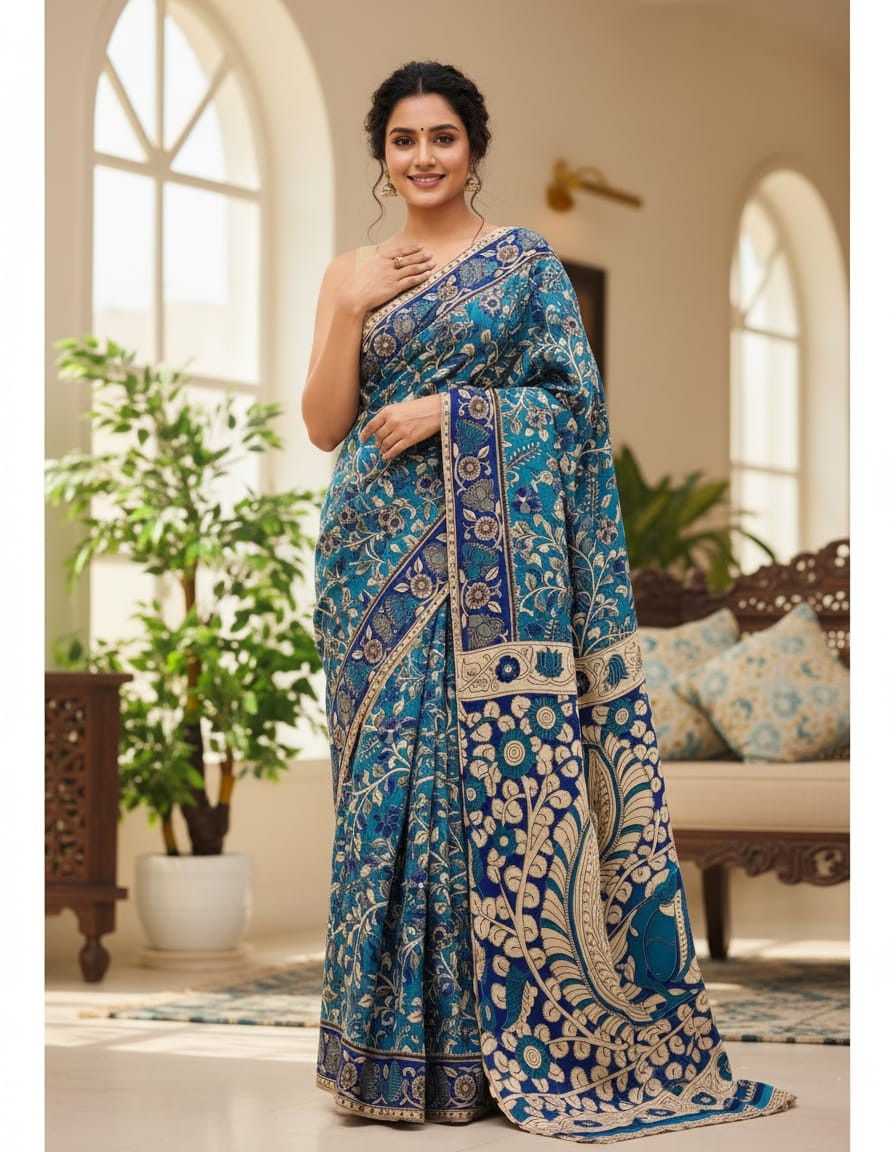 'Neelalata' Teal Blue canvas cotton Kalamkari Saree