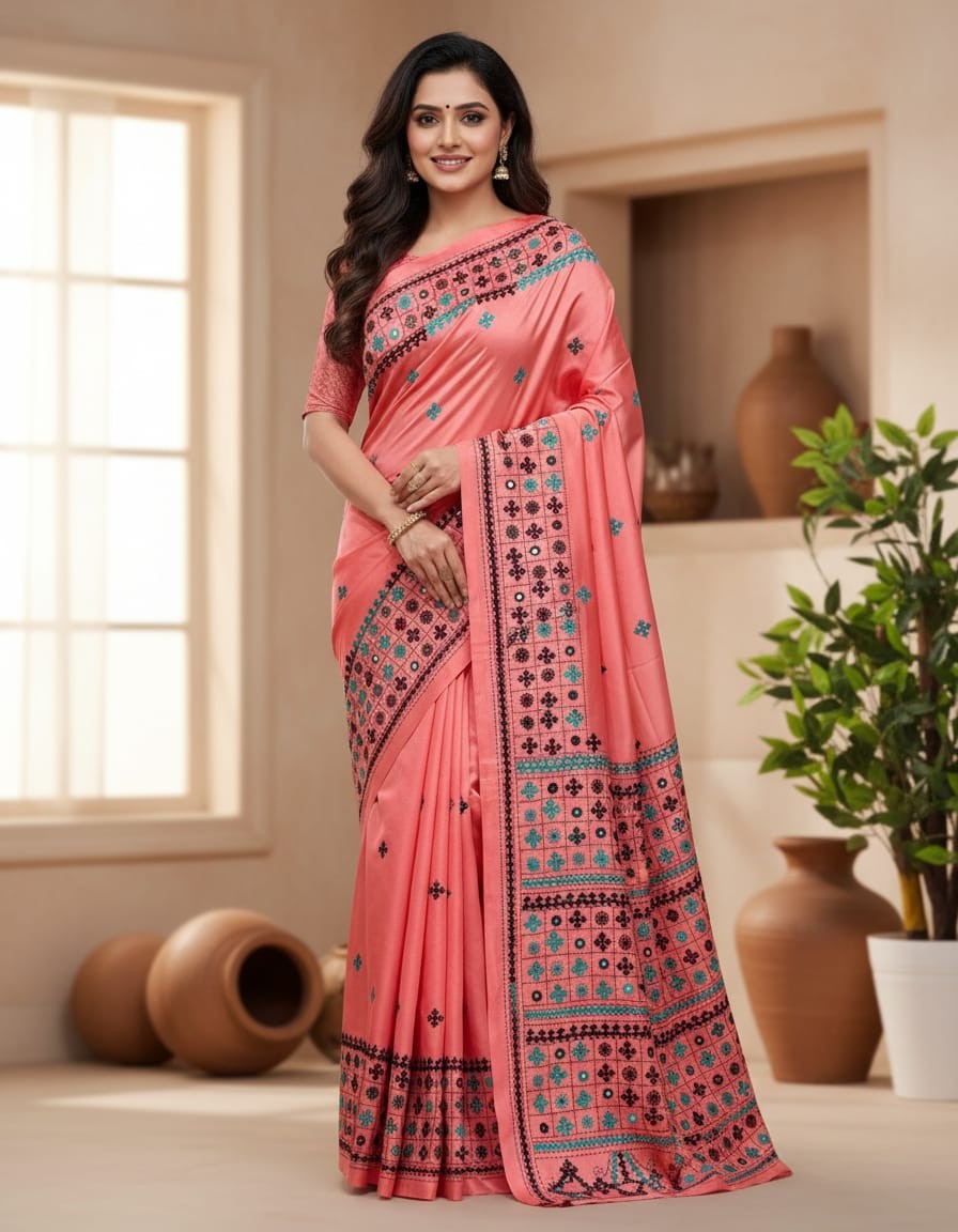 Bangalore Silk Kantha Saree - Peach with Mirror work
