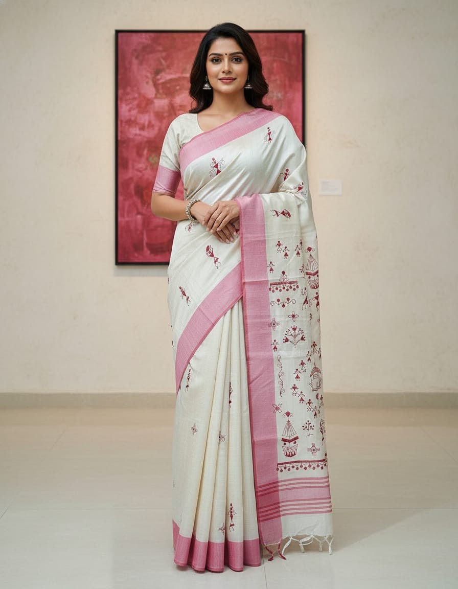 Hand stitched Matka Silk With Warali Design - Pink