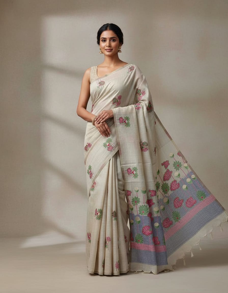 Floral Art Muga Jamdani Saree - off white with Pink Blossom