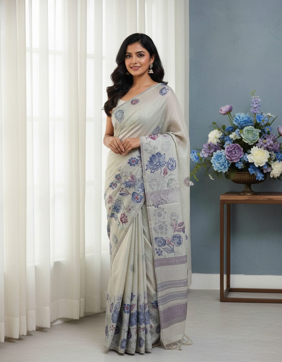 Floral Art Jamdani Saree -  Blue Lotus Motifs