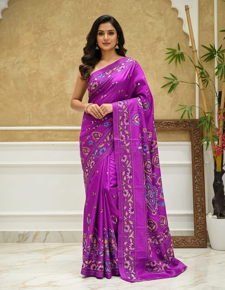 Bangalore pure silk Kantha Saree - Magenta Pink