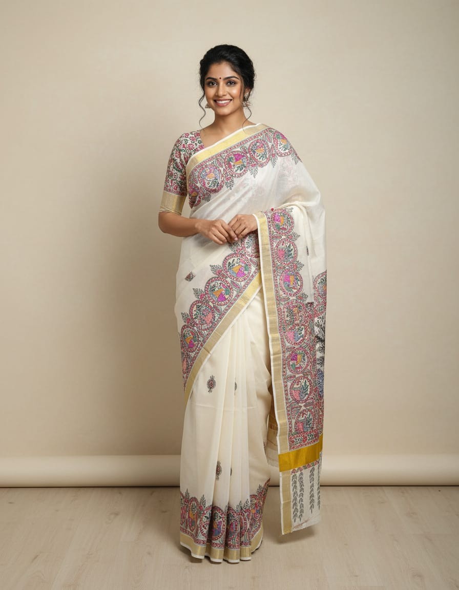 Radhye Shyam - Hand painted Madhubani Blend Saree