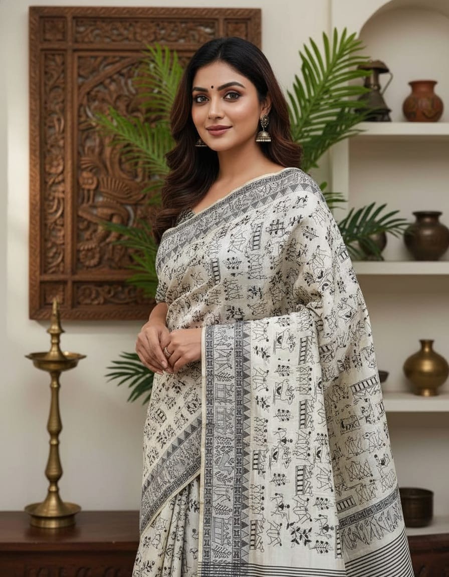 Black Thread Work Tussar Silk Saree - Warali Motifs