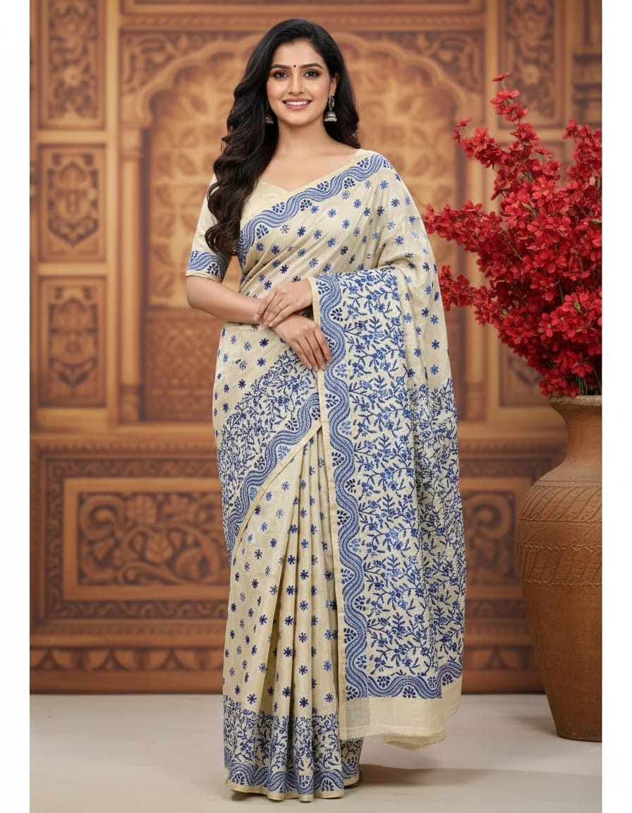 Hand Stitched Kadhwa Kantha Saree- Blue