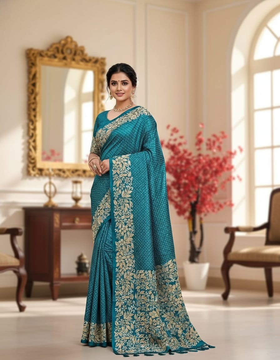 Bangalore Pure Silk Kantha Saree - Greenish Blue