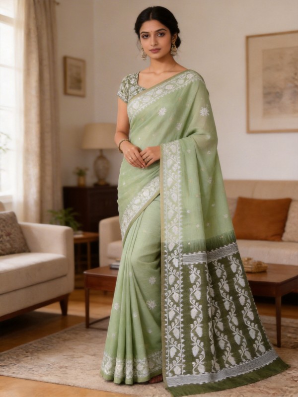 Riona Special Green vine Muga jamdani saree