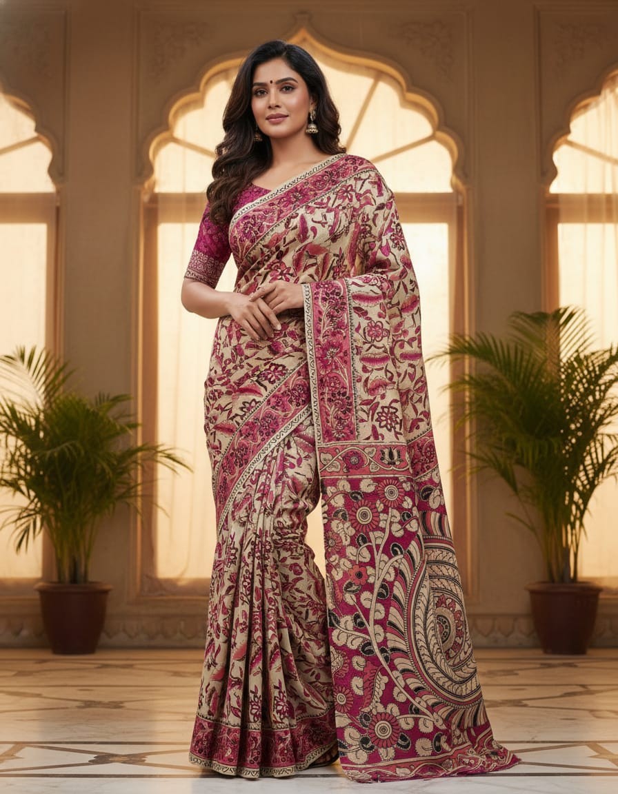 'Raktakusuma' Off White canvas with Red Floral motif cotton Kalamkari Saree