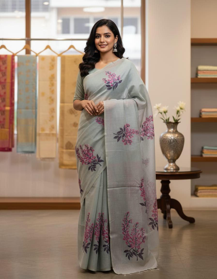 Floral Art Muga Jamdani Saree Green With Pink Blossom