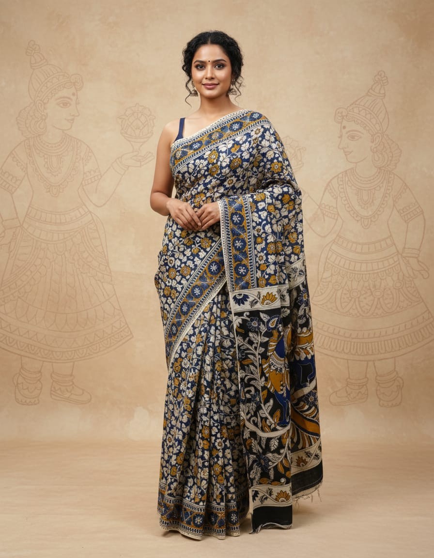 'Pushpa Vihar' Royal Blue canvas cotton Kalamkari Saree
