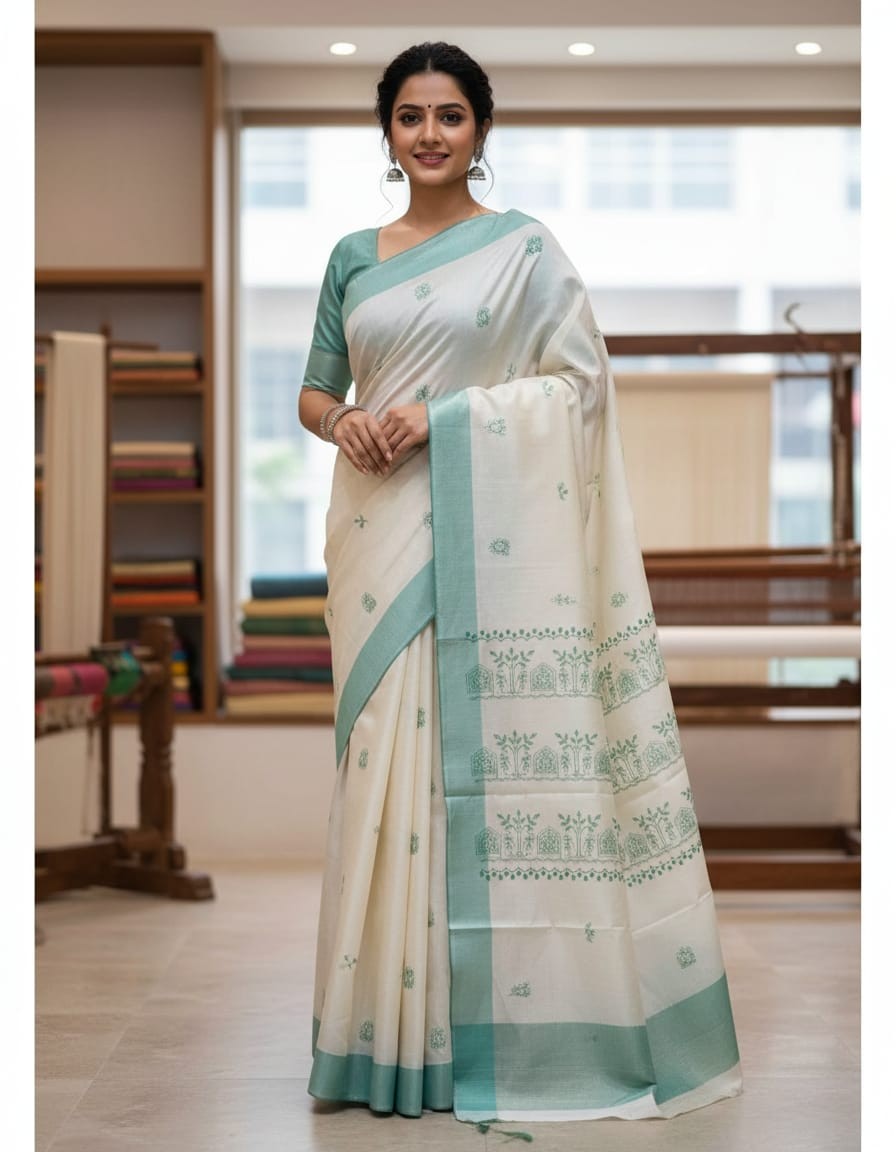 Hand stitched Matka Silk With Rural life Design  - Green