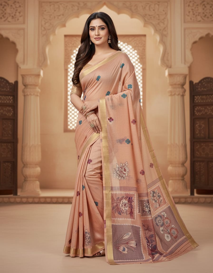 Floral Art Muga Jamdani Saree - Light Peach with Floral Design