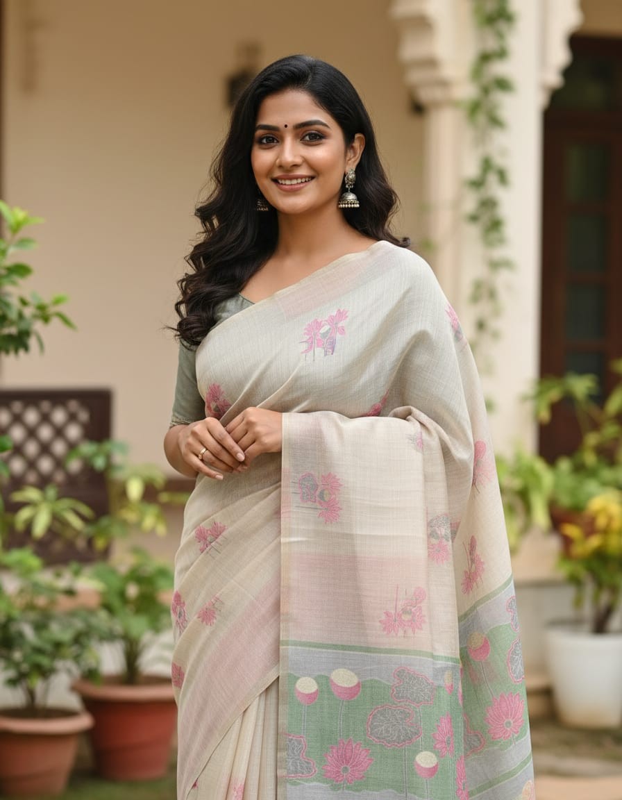 Dusky Lotus with Off White Base Muga Jamdani Saree