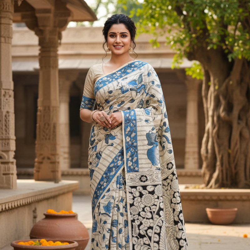 'Gokmalini' Off White canvas cotton Kalamkari Saree