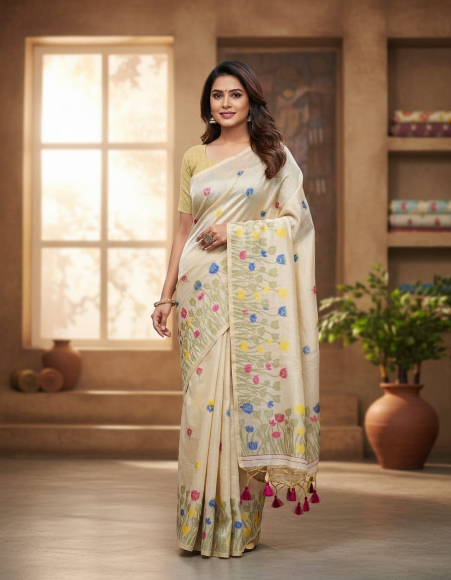 Muga Assam Silk – Off White with Magenta Lapis Floral Bloom