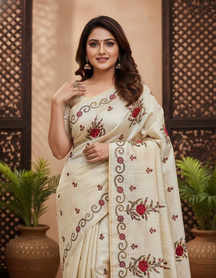 Hand stitched Nakshi Kantha Saree – Crimson Red