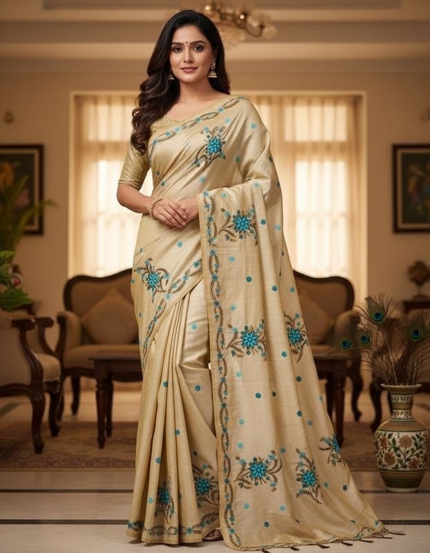 Hand Stitched Nakshi Kantha Saree - Cyan