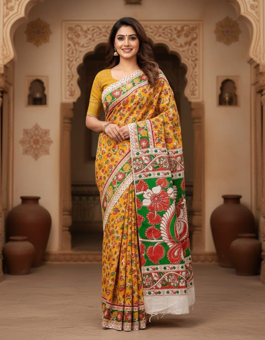 'Vasantika' Yellow canvas with Floral motifs cotton Kalamkari Saree