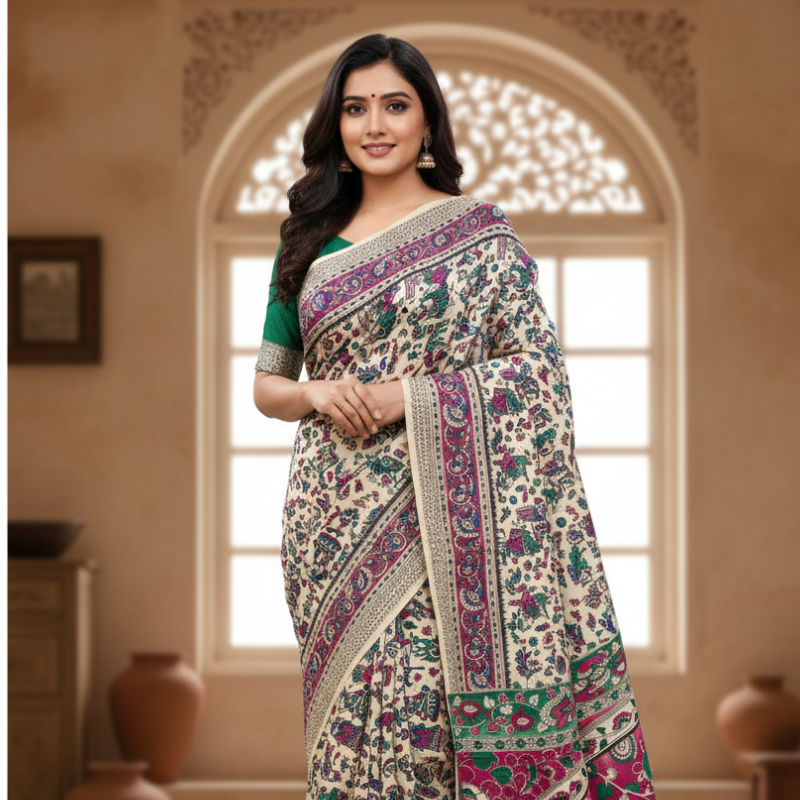 'Gramleela' White base with colorful motifs Nellore Silk Kalamkari Saree
