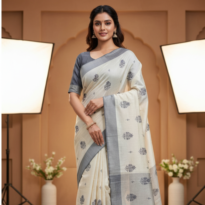 Hand stitched Matka Silk With Grey Border - Floral Design