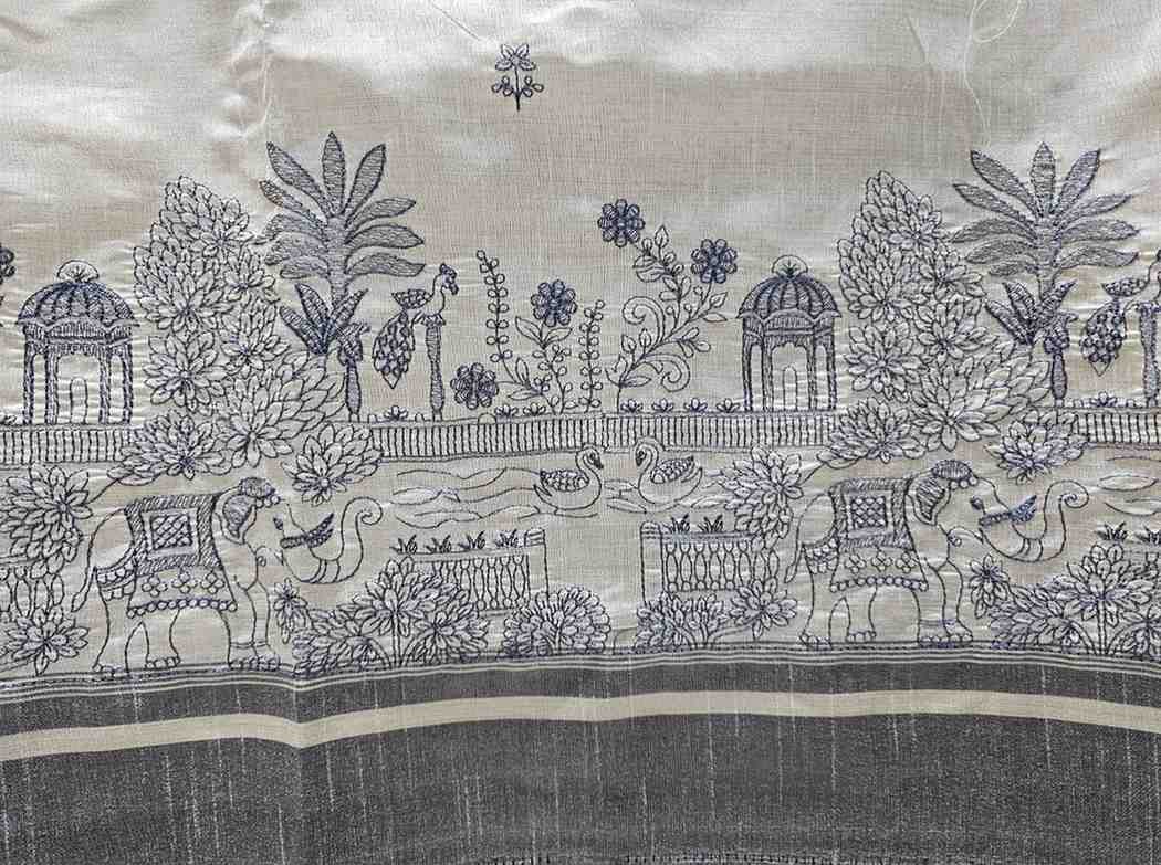 Hand stitched Matka Silk  With Heritage Weave - Grey, Pink, Green