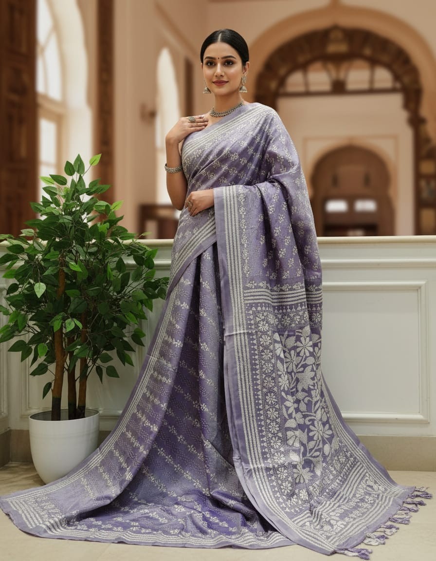 Lavender Spring Bangalore Silk Kantha Saree