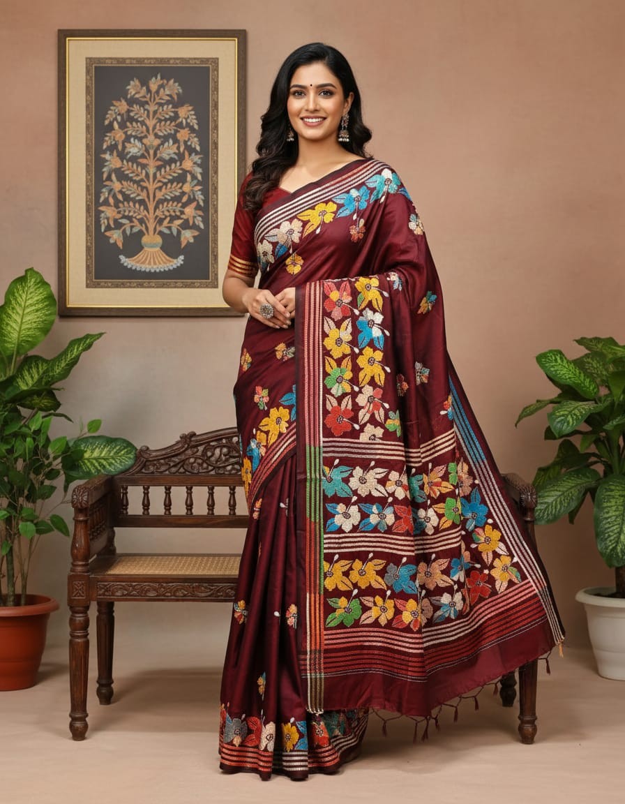 Brown Melody Bangalore Silk Kantha Saree