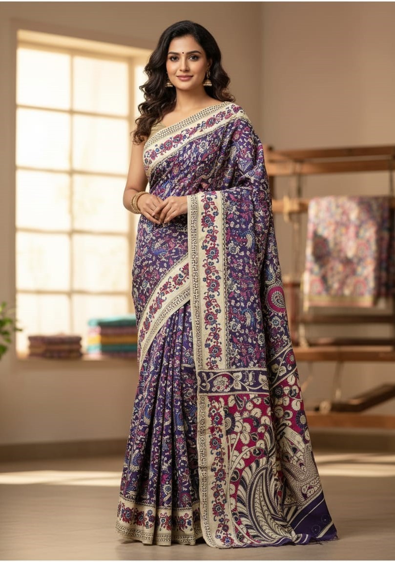 'Kusumataru' Black canvas with Floral and Birds motifs cotton Kalamkari Saree