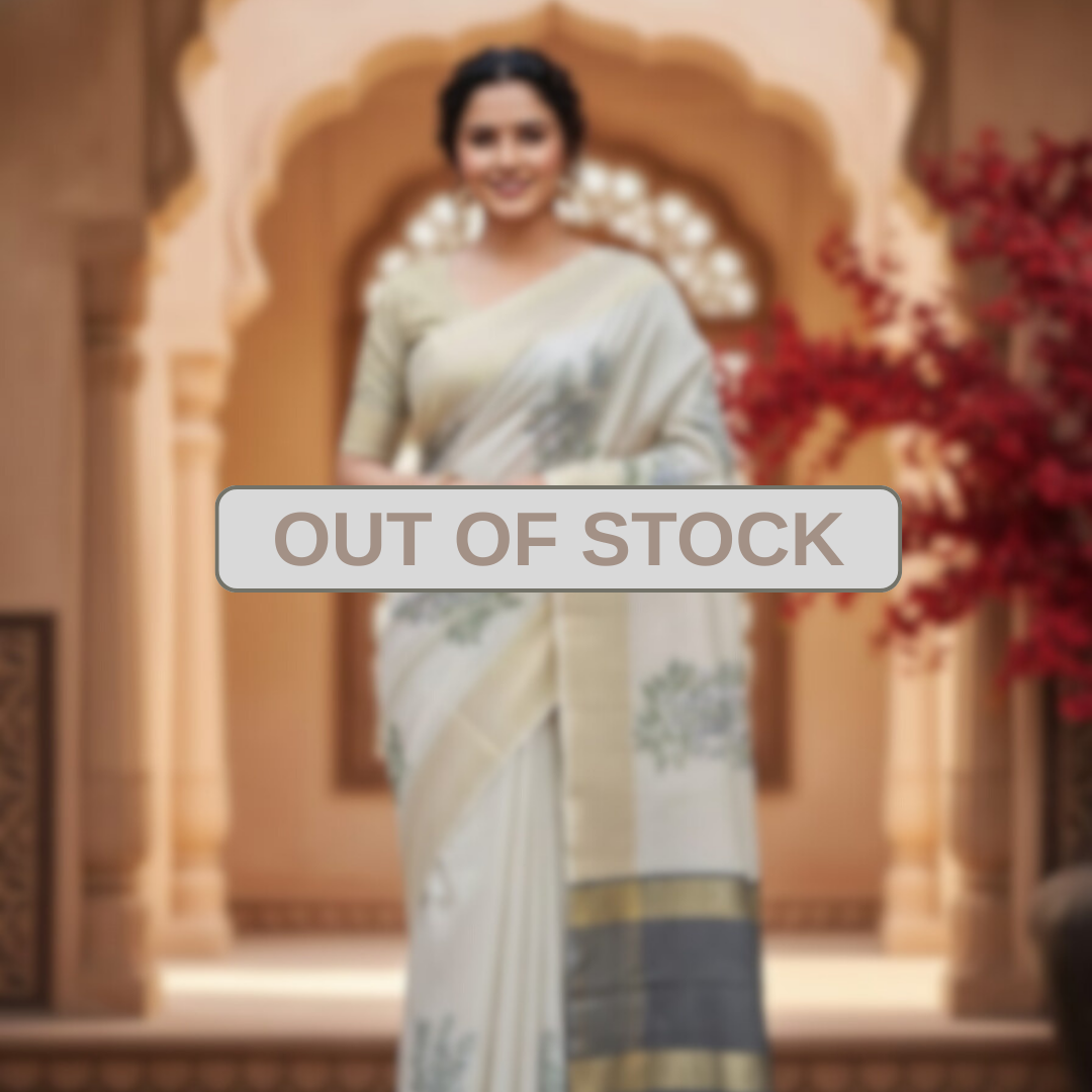 Floral Art Jamdani Saree - Off White with Blue Blossom