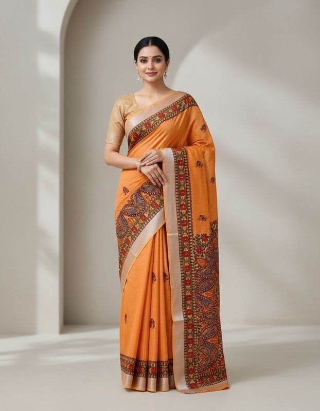 'Agnipankh' Dark Orange Hand Painted Madhubani Blend Saree