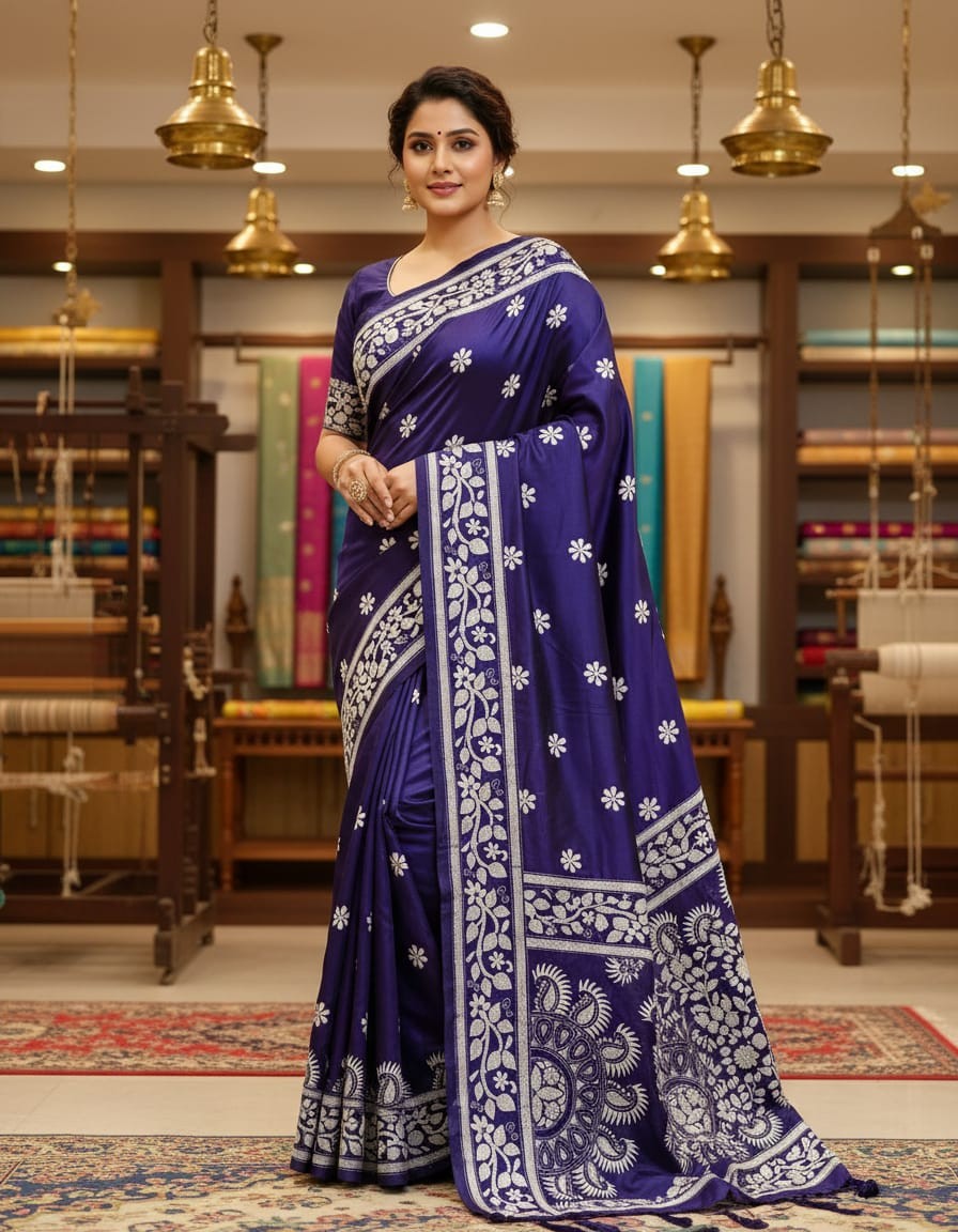 Bangalore Silk Kantha Saree - Dark Purple