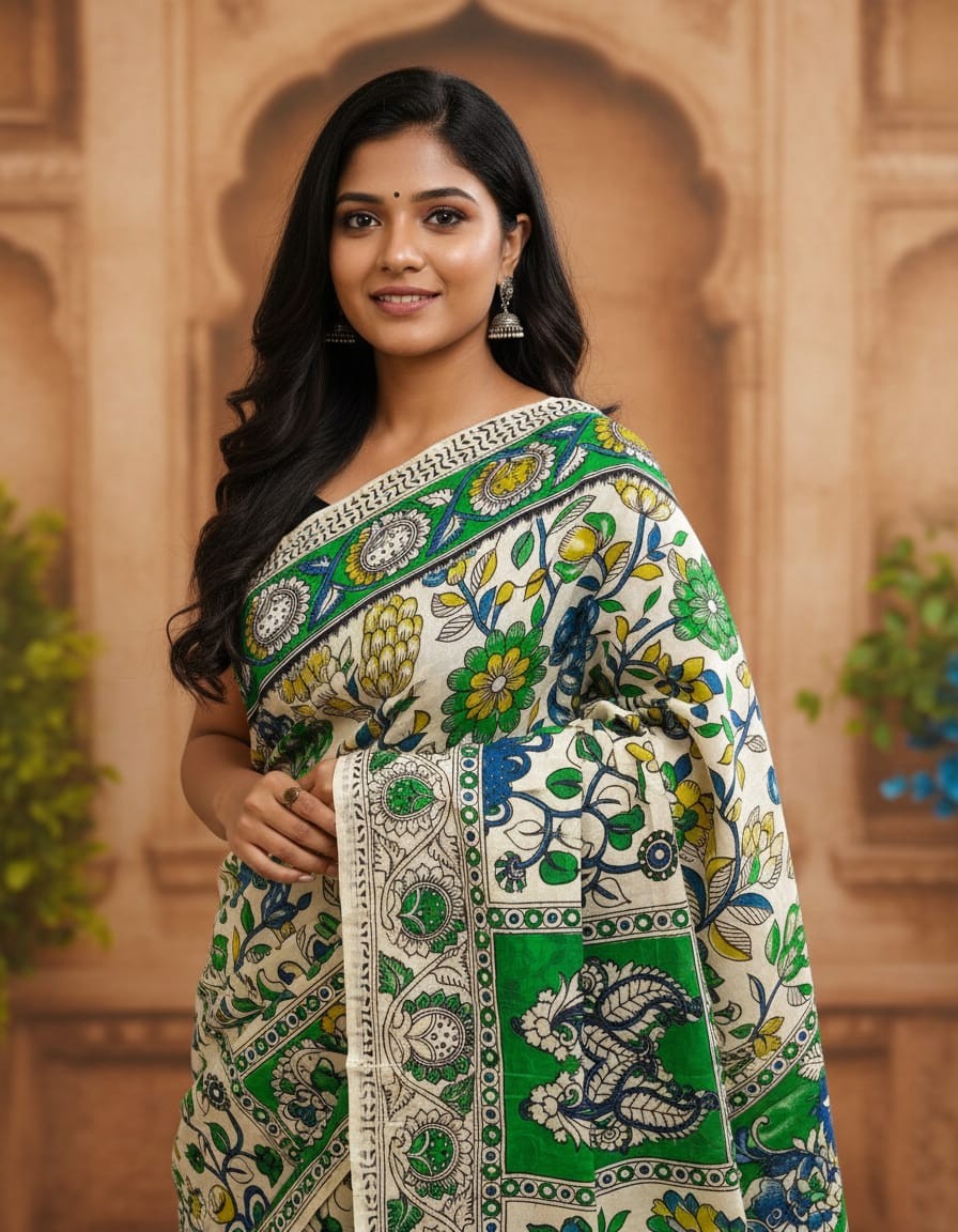 'Nilatarangini' Off White with Floral and Climber design cotton Kalamkari Saree