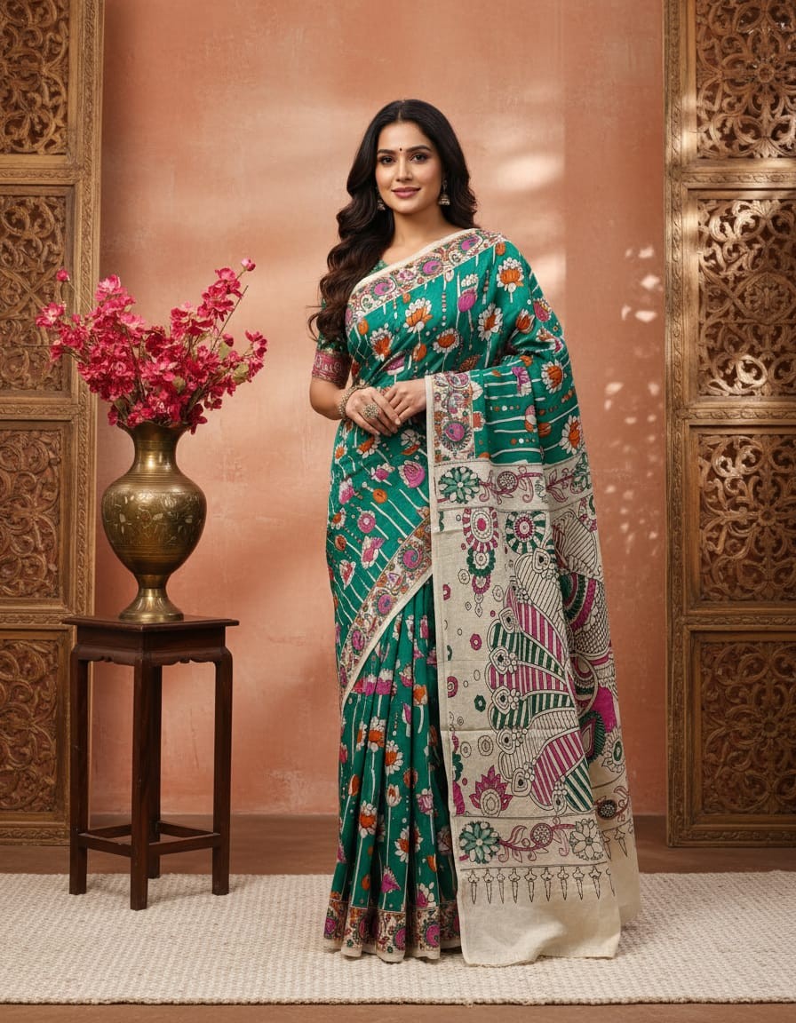 'Kamalatara' Green canvas with Lotus motifs cotton Kalamkari Saree