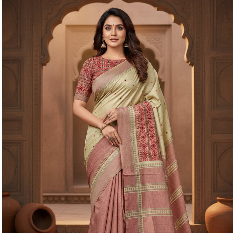 Riona Special Hand Stitched Assam Silk - Red Thread Border