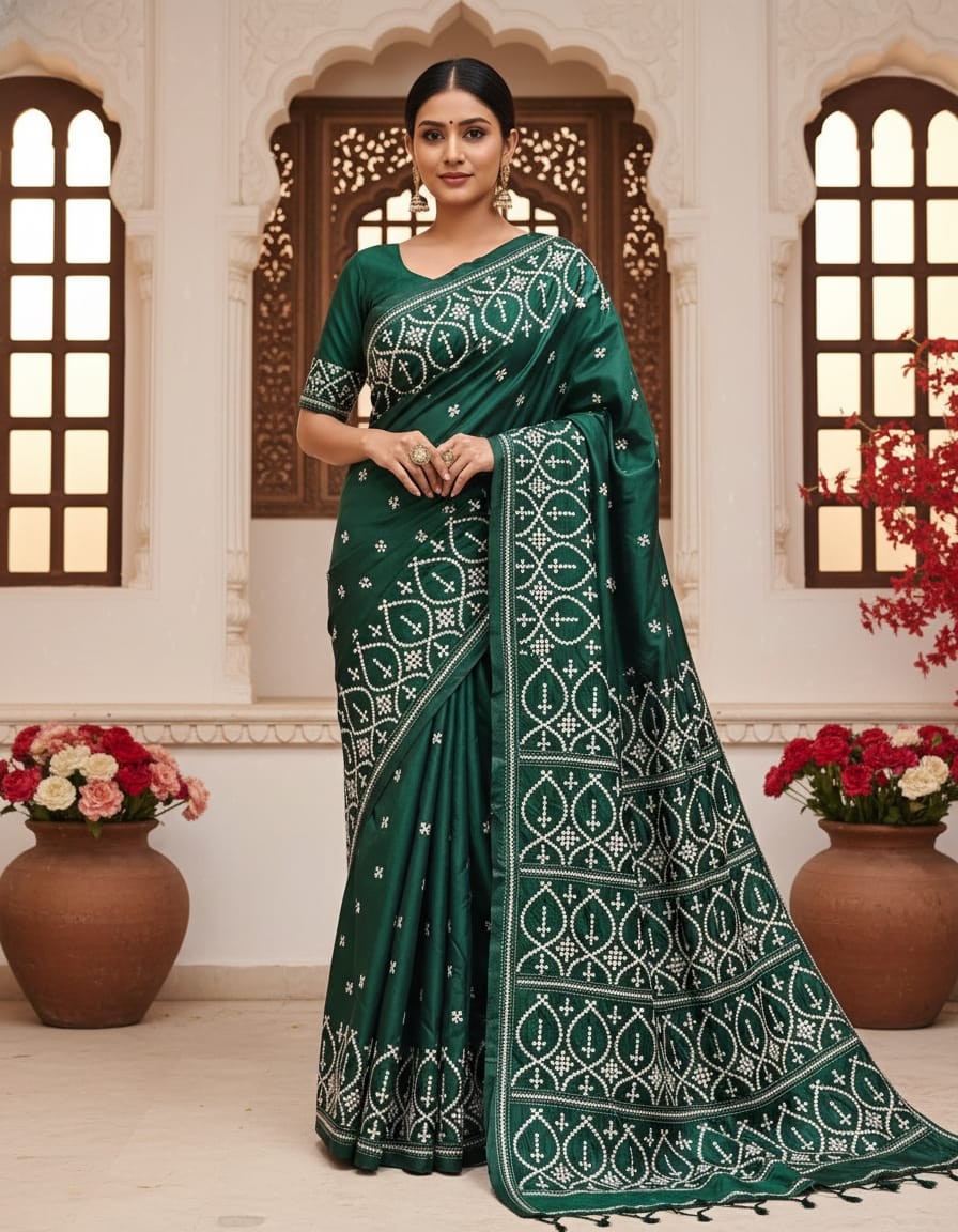 Classic Green Weave Bangalore Silk Kantha Saree