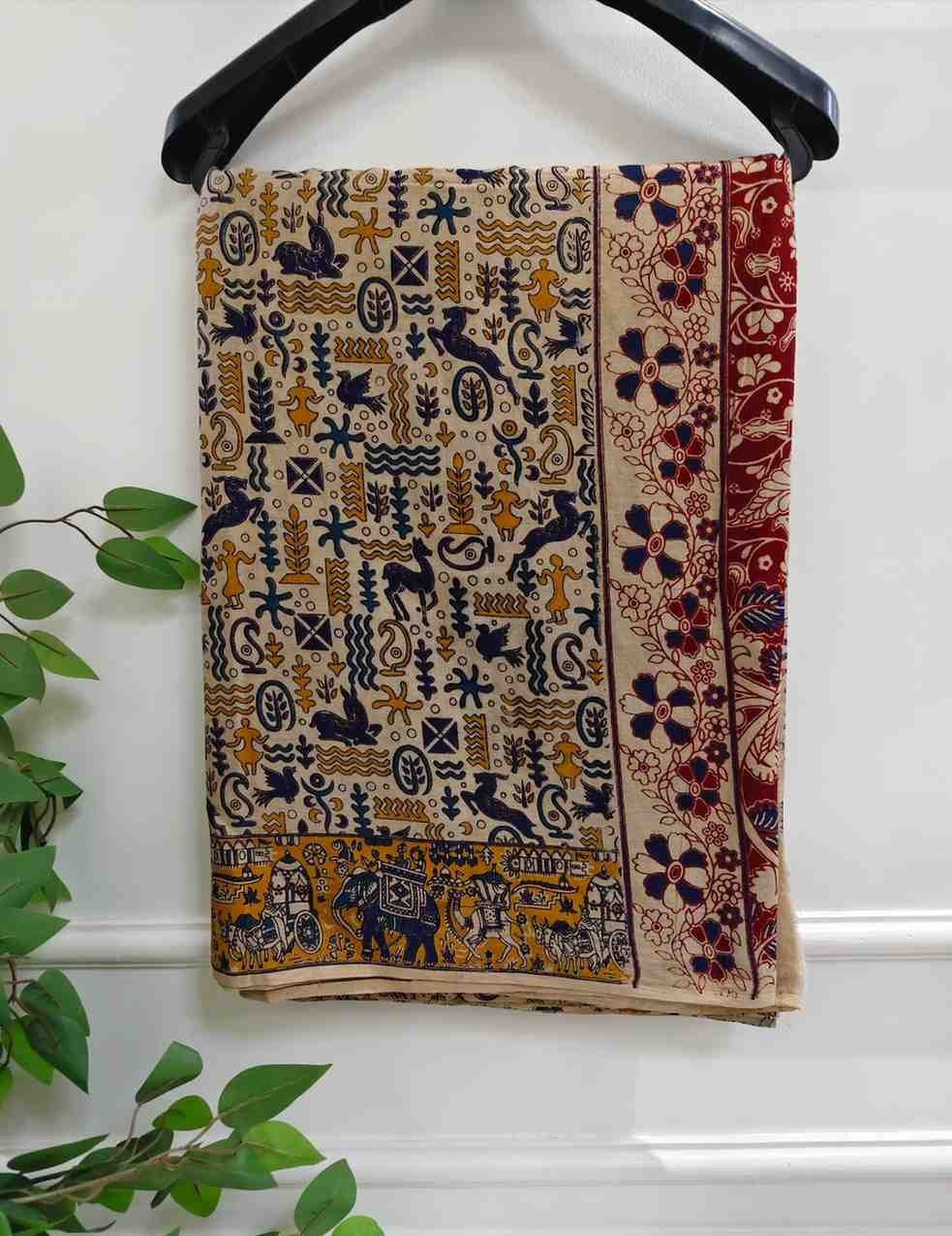 'Lokachitra' Off White canvas with Animal motifs cotton Kalamkari Saree