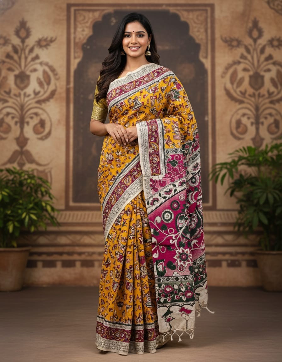 'Rangamala' Yellow canvas with Human motifs cotton Kalamkari Saree